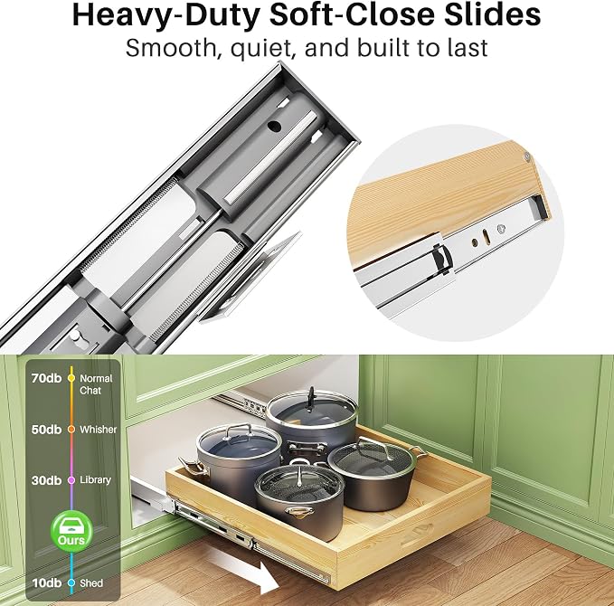 Pull Out Cabinet Organizer, Soft Close Wooden Slide Out Drawers for Pots and Pans, Full-extension Roll Out Shelves for Kitchen Cabinets, Pantry Organization, Bottom & Side Mount(15"W X 21"D x 3.4''H)
