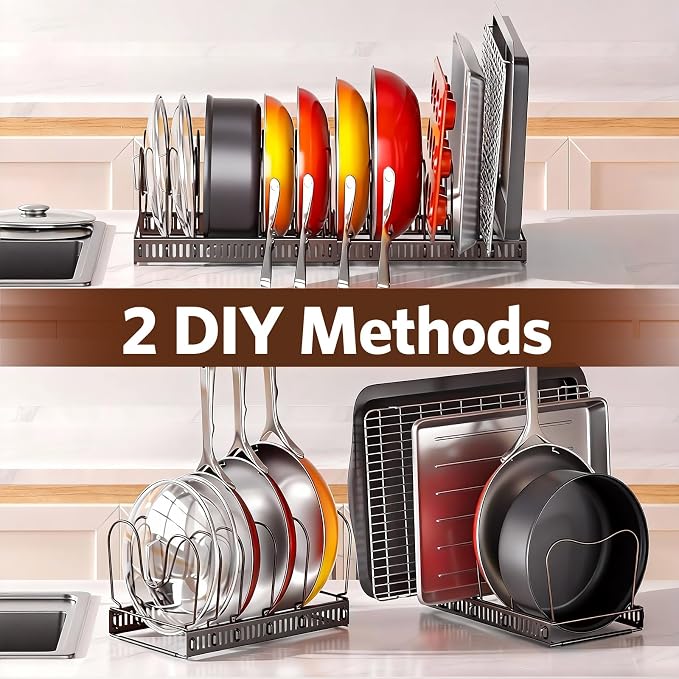 Pots and Pans Organizer under Cabinet, 11.8-22.8" 12 Dividers Bronze | Extends 11.8-22.8", Holds pot lids, pans, cookware and bakeware, Adjustable dividers, for under cabinet or countertop