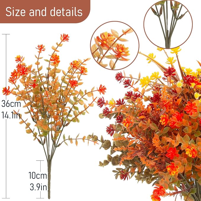 Hananona 48 Pcs Artificial Fall Flowers Outdoor, Faux Artificial Plants UV Resistant Plastic Autumn Flower for Hanging Planter Front Door Porch Window Home Decor (48, Orange)