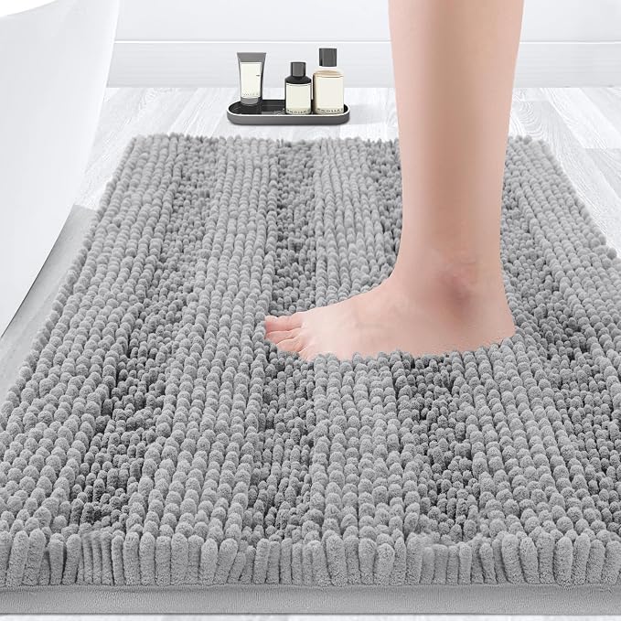 Striped Light Grey Bathroom Rug Mat 32"x20" Ultra Soft, Non Slip Chenille Bath Rugs, Absorbent Plush Shaggy Bath Mats for Bathroom, Bedroom, Kitchen, Shower, Tub,Light Gray