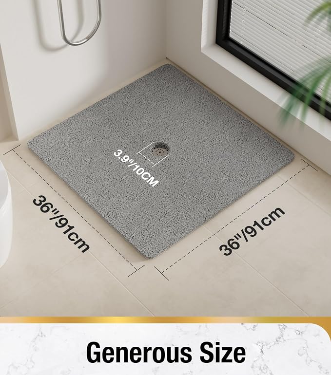 HITSLAM Square Shower Mat, 36 x 36 Inch Non Slip Bath Mat for Tub, Soft PVC Loofah Bathtub Mats with Drain Holes, Quick Drying Bathroom Stall Floor Mat, Bathroom Accessories Without Suction Cup, Grey