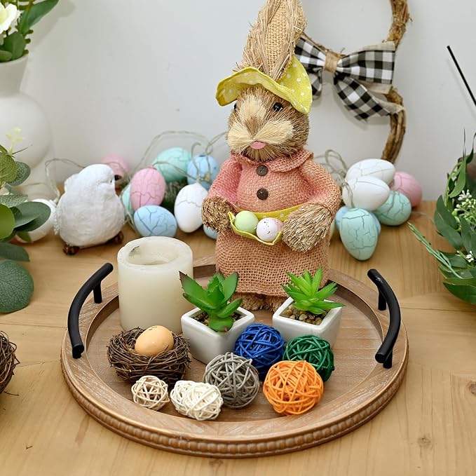 SwallowLiving Brown Wooden Beaded Serving Tray with Handle Decorative Rustic Tray for Coffee Table Farmhouse Round Tray for Kitchen, Living Room and Bedroom