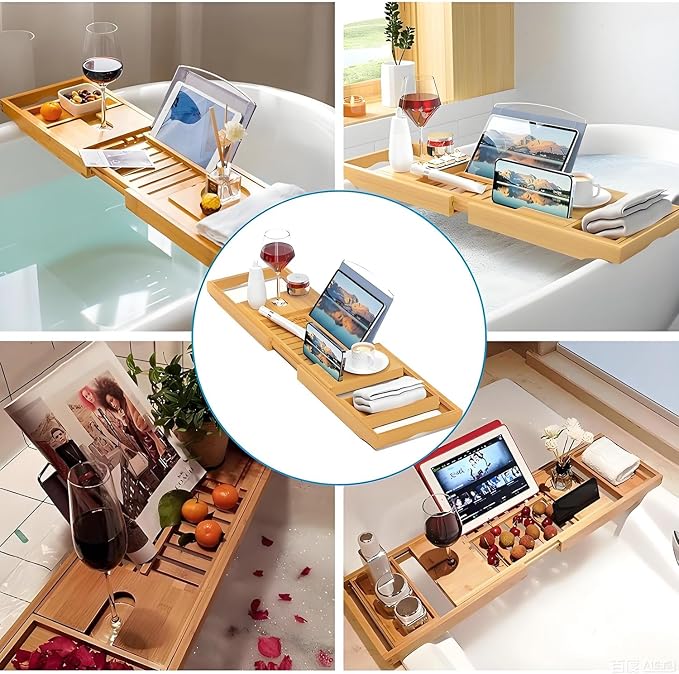 70-105CM Extendable Bamboo Bathtub Tray Caddy with Cup Holder for Spa | Non-Slip Pads, Book Stand, Wine Glass Holder, Fits Most Bath Tubs