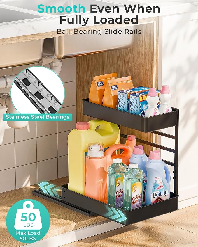 EVERIE Height Adjustable 2 Tier Metal Pull Out Slide Shelf Organizer for Under Sink Cabinets in Kitchen, Bathroom, with Snap-on Top Tray, 16" Deep (Black, 2 Sets) | Pull Out