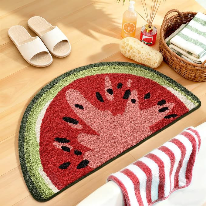 DEXI Cute Watermelon Bath Mat, Half Round Fruit Bathroom Rugs 36x20 | Soft and Absorbent Microfiber, Non Slip, Machine Washable Bathmat for Shower Floor, Bedroom, Kids Room, Home Decor