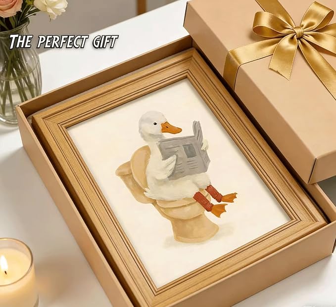 Vintage Gold Framed Duck Bathroom Wall Art Funny Animals on the Toilet Pictures Kids Bathroom Canvas Wall Decor Beige Cute Animal Painting Print Artwork for kids Room Restroom Bathroom，16x24in