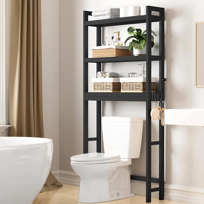 Smiry Bamboo Over The Toilet Storage Cabinet, 3 Tier, Black | Wooden Bathroom Organizers with Adjustable Shelf & 4 Hooks, Space Saving Shelf Rack for Bathrooms, Laundry Room, Balcony