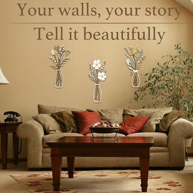 3 Piece Metal Flower Wall Art for Bedroom Living Room Rustic Farmhouse Floral Wall Decor for Bathroom Dining Room Boho Home Decorations Modern Minimalism Walls Hanging Sculptures(Gold Yellow White)