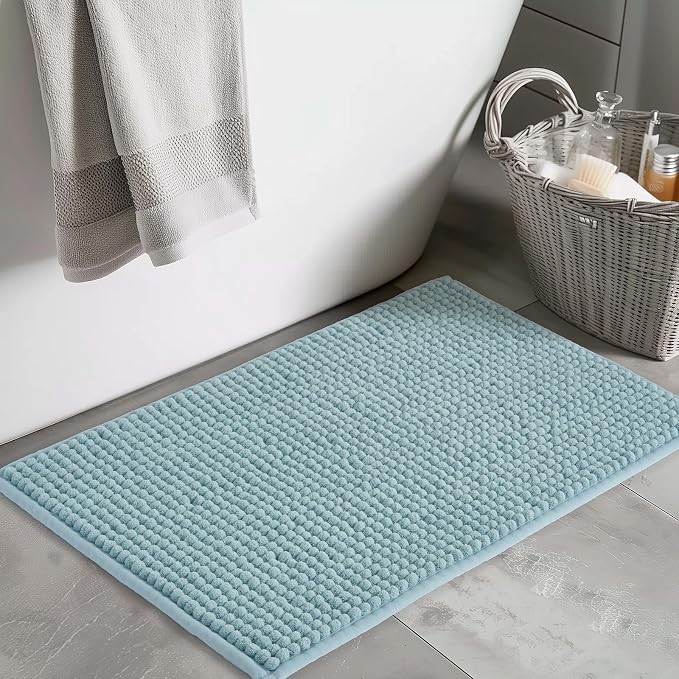 FRESHMINT Thick Chunky Chenille Bathroom Rug, Aqua Blue, 20"x32" | Non-Slip Backing, Water Absorbent Surface, Machine Washable Care, Cushioned Comfort, Bathroom Floor Use