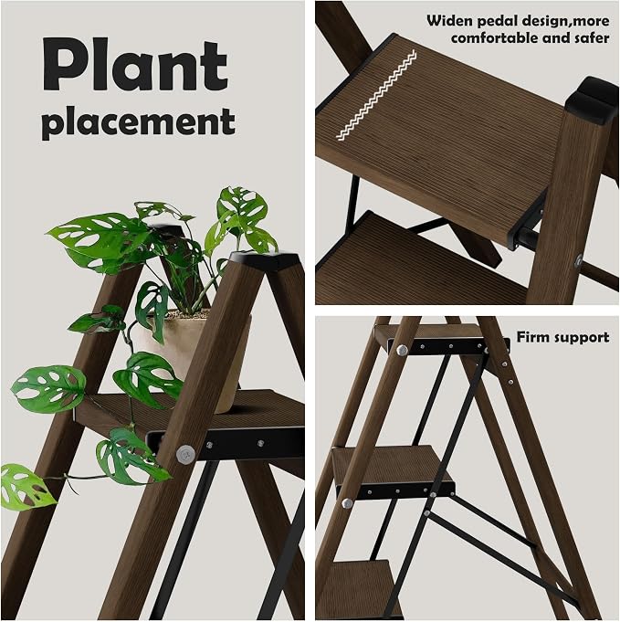 Taranta 3 Step Stool Foldable,Aluminum Step Ladder-Walnut | Lightweight,Wide Anti-Slip Pedals,Folding Stool,330lbs Capacity for Household,Kitchen,Office