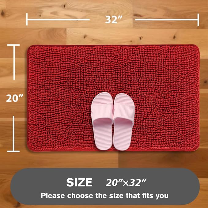 Red Bathroom Rugs – Absorbent and Washable Bath Mat, Non-Slip, Thick Soft Chenille Bath Rugs for Bathroom Floor, Shower, Sink - 20" x 32"