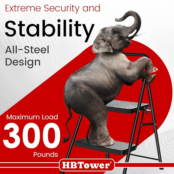 HBtower 2 Step Ladder, Step Stool with Wide Anti-Slip Pedal | Step Ladder Folding Step Stool for Adults, Lightweight Steel Portable ladders for Home Kitchen
