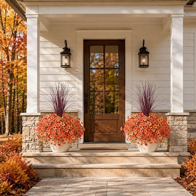 florisso Artificial Fall Flowers Fake Mums for Outdoor Autumn Decor | 12 Bundles Faux Silk Orange Yellow Mums Daisy + 1 Pc Reddish‑Brown Straw, UV Resistant for Outside Home Porch Patio Planter