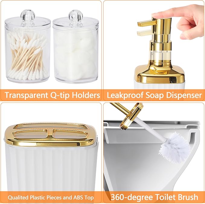 9 PCS White Bathroom Accessories Set with Trash Can Bathroom Accessory | All-in-One Kit with Trash Can,Toothbrush Holder,Soap Dispenser,Toothbrush Cup,Vanity Tray,Soap Dish,Toilet Brush etc for Home