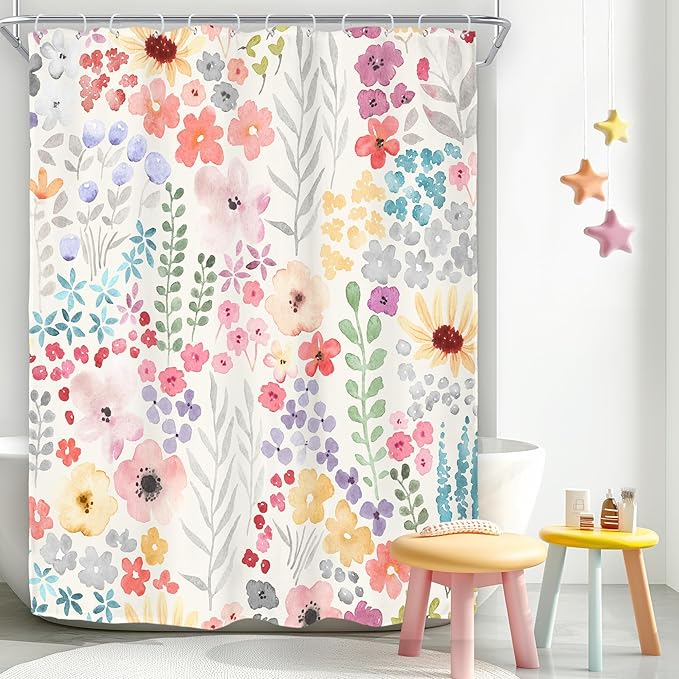 Narrow Small Stall Floral Flower Cute Colorful Bathroom Shower Curtain Set | 54"W x 78"H Plants Botanical; waterproof HD print, quick-dry fabric with 12 hooks for easy hanging.