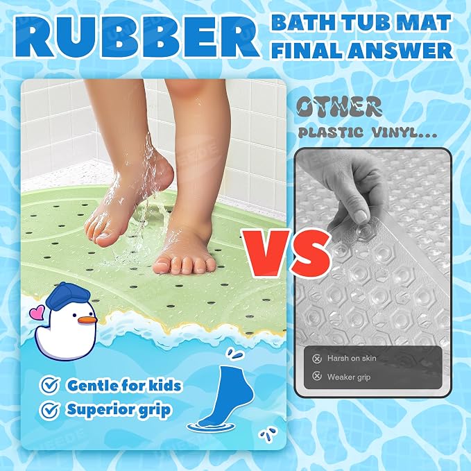 UNEEDE Kids Bathtub Mat Non Slip, Soft Rubber Shower Mat for Toddler | Machine Washable Baby Bath Mat with 100+ suction cups and 50+ Drainage Holes, 30"x18" Cute Frog Design, Baby Bath Essentials