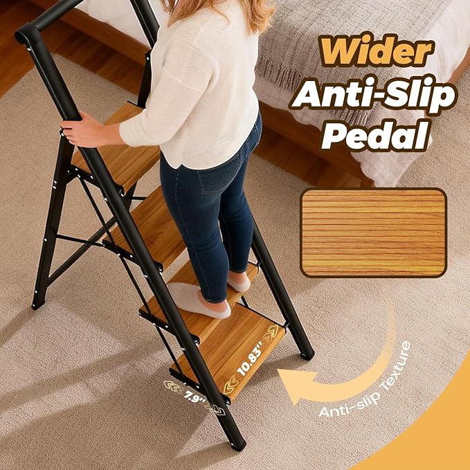 HBTower 4 Step Ladder, Lightweight Aluminum Folding Step Stool | Anti-Slip Wide Pedal, 330lbs Capacity Step Ladder for Household Kitchen Office, BlackWoodgrain