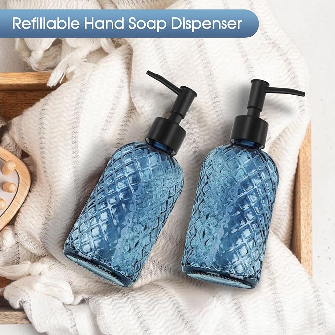 2 Pack Gem Glass Soap Dispenser with Black Plastic Pump, 13oz Liquid Hand Soap Dispenser, Rustproof Pump for Kitchen & Bathroom, Great for Lotions, Essential Oil, Liquid Soaps-Blue
