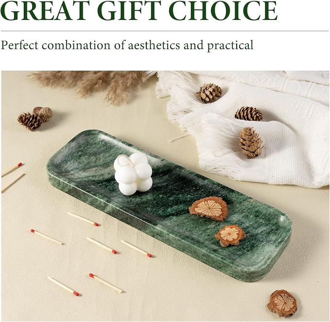 Marble Tray for Bathroom Sink, 12"x4" Natural Stone Vanity Tray for Kitchen Dresser Countertop, Rectangular Decorative Marble Tray for Jewelry Perfume Trinket(Green)