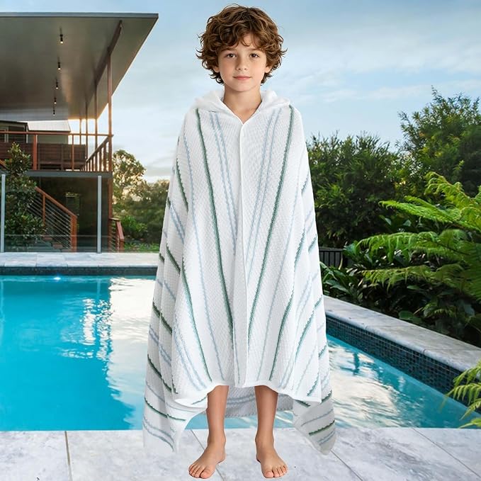 VOOVA & MOVAS Big Kids Hooded Towel, 8+, 100% Cotton, White Blue Green | Multi-Color Horizontal Stripe, Soft, Absorbent & Quick Dry, Ideal for Pool, Beach and Bath Time