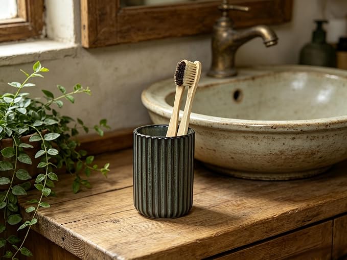 Stoneware Toothbrush Holder for Bathroom Tooth Brush Holder for Bathroom Toothbrush Cup Toothbrush Holders Cute Fluted Vertical Ribbed Stripe (Retro Bronze)