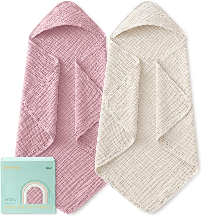 Yoofoss Hooded Baby Towels for Newborn 2 Pack 100% Muslin Organic Cotton Baby Bath Towel with Hood for Babies, Infant, Toddler and Kids, Large 32x32Inch, Soft and Absorbent Newborn Essential