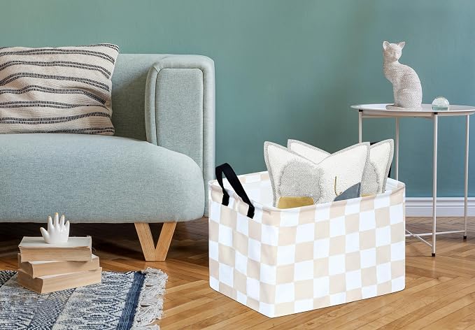 MAIZMZ Beige Check Storage Basket Baby Toys Organizer Bins Decorative Gifts Bakset Waterproof Nursery Hamper Women Storage Cube Kids Laundry Basket for Home/Dorm/Kitchen/Pet/Office/Closet/Shelf/