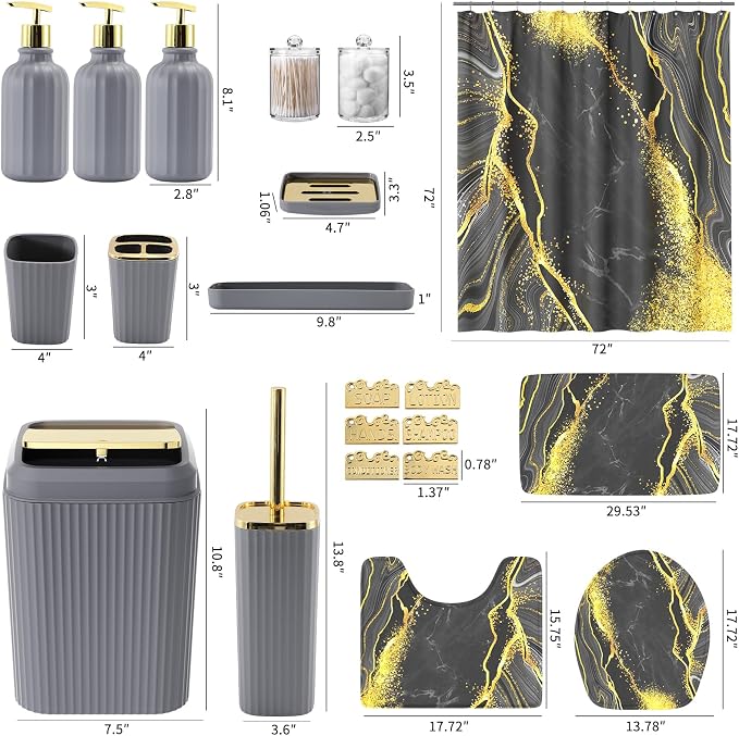 21PCS Bathroom Sets with Shower Curtain and Rugs Bathroom Accessories Set Gray Bathroom Set Complete with Trash Can, Toilet Brush, Qtip Holder & 3PCS Soap Dispenser