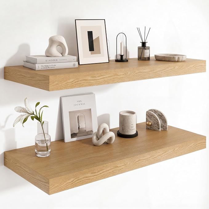 12 Inch Deep Floating Shelves for Wall, 36 Inch Wide Wall Shelves Set of 2, 2 Inch Thick Heavy Duty Invisible Wall Mounted Shelves for Kitchen Living Room,Oak Color