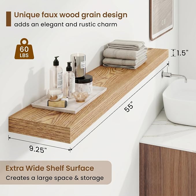 55in Floating Shelves, 55"W x 9.25"D x 1.5"H, Light Brown, 2Pcs | Long Wall Mounted Engineered Wood Shelves for Wall with Invisible Brackets for Living Room, Bedroom, Bathroom, Kitchen