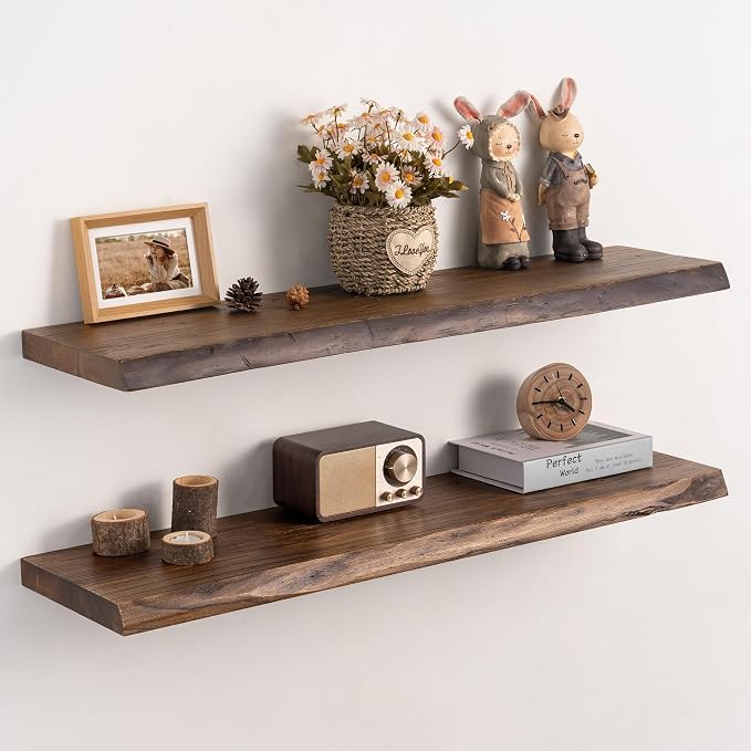 36 Inch Floating Wall Shelves Solid Elm Wood Set of 2 | Vintage Live Edge Wood Grain, Heavy Duty Hidden Brackets, Wall Decor For Living Room, Bedroom, Kitchen & Bathroom