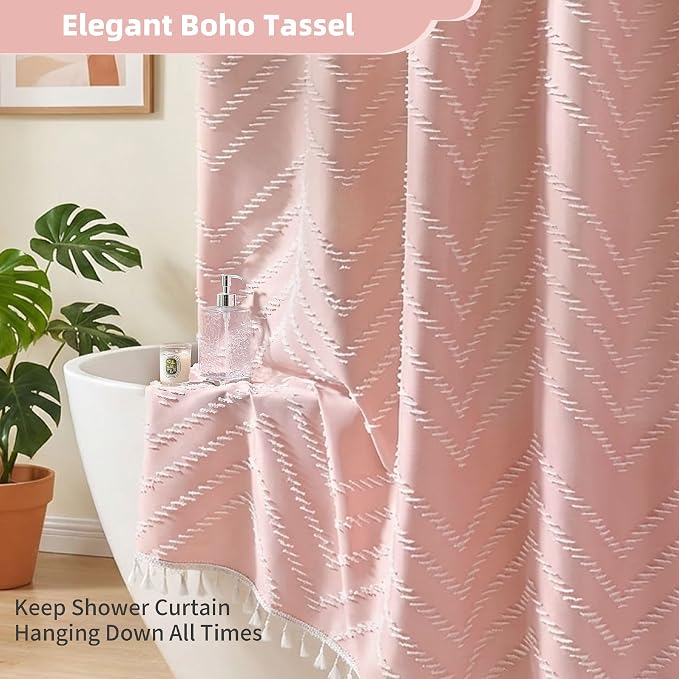Extra Long Pink Boho Shower Curtain with White Tassel, Woven Fabric 84 in Shower Curtain, Tufted Chevron Striped, 72 x 84, Modern Chic Textured Minimalist Cute Shower Curtain for Bathroom