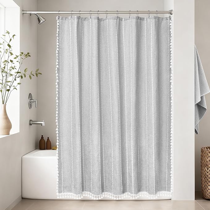 Seenus 72 x 84 inch Extra Long Boho Chic Shower Curtain Heavyweight with Tassels, Grey Linen Textured Fabric Farmhouse Shower Curtain, Elegant Gray & White Striped Bathroom Curtain Water Repellent