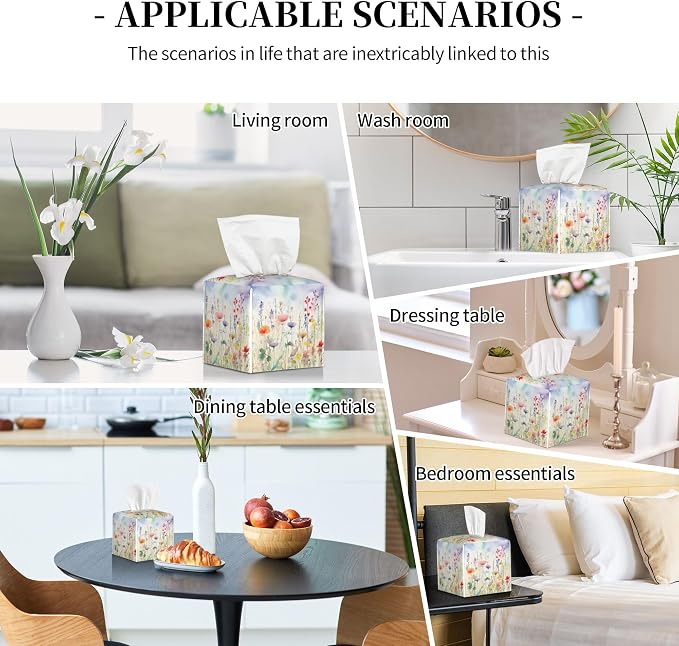 Watercolor Flower Tissue Box Cover Square,Colorful Flowers Tissue Box Holder Waterproof Leather Facial Paper Organizer Dispenser for Bathroom Home Car Nightstand Vanity Desk