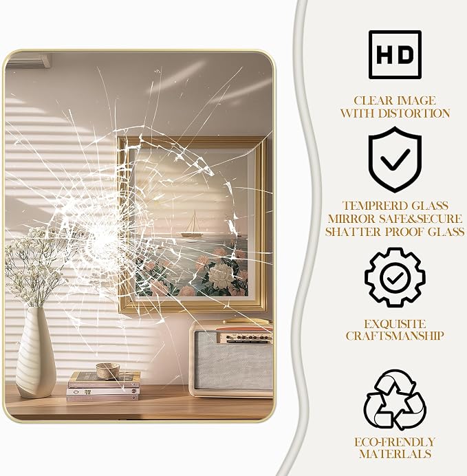 Fun Memories Gold Bathroom Mirror 30X30 Inch Bathroom Vanity Mirror, Metal Gold Frame Large Mirror, Modern Wall Mirror for Bathroom, Tempered Glass, Farmhouse Mirror, Horizontally or Vertically