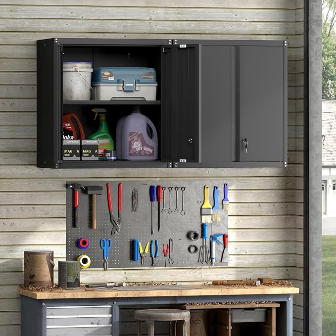 Steel Wall Cabinet, Metal Locking Wall Cabinet, Hanging Metal Cabinet for Garage Tool Storage, Wall Mount Tool Cabinet for Garage, Laundry Room, Office, Black