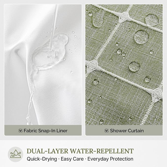 RiverDream Farmhouse No Hooks Shower Curtain with Snap-in Liner,Green,36x74 | Snap on Fabric Liner,Heavy Duty,Quick Dry,Mesh Top Window,With Bottom Magnets,Washable,with Tassels,Stall Size