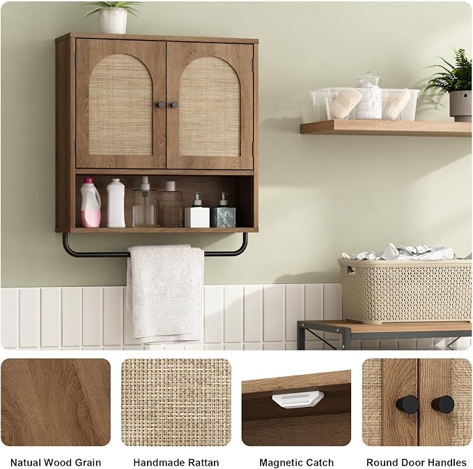 RUSTOWN Rattan Bathroom Wall Cabinet, Boho Medicine Cabinet with 2 Doors | Arched Doors, Farmhouse Over The Toilet Storage Cabinets, Adjustable Shelves, Towel Bar, 3-Tier Wall Mounted Cabinets