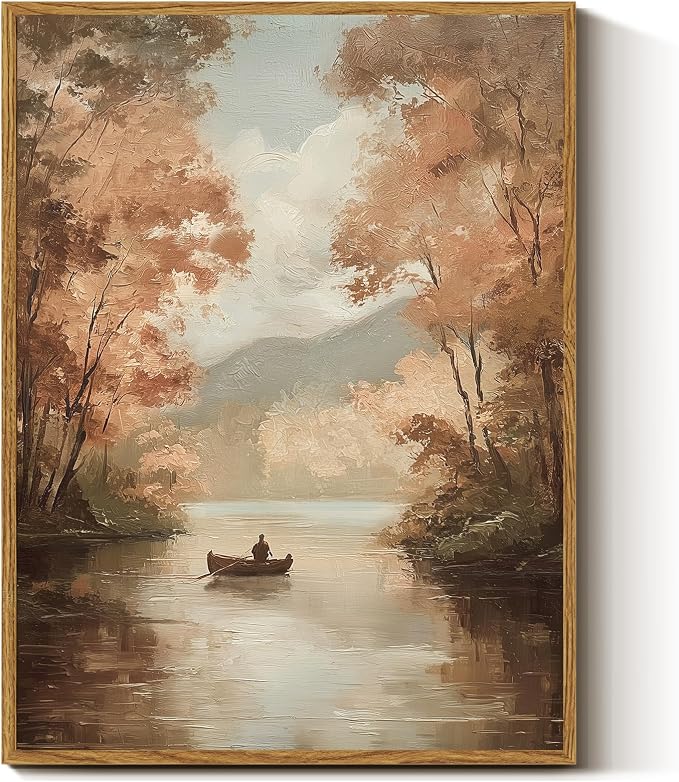 InSimSea Vintage Fall Picture Wall Decor, Autumn Lake Landscape Art, Rustic Nature Decor for Shelf Kitchen Bathroom, Framed Canvas Art, 16x12in,Small Size