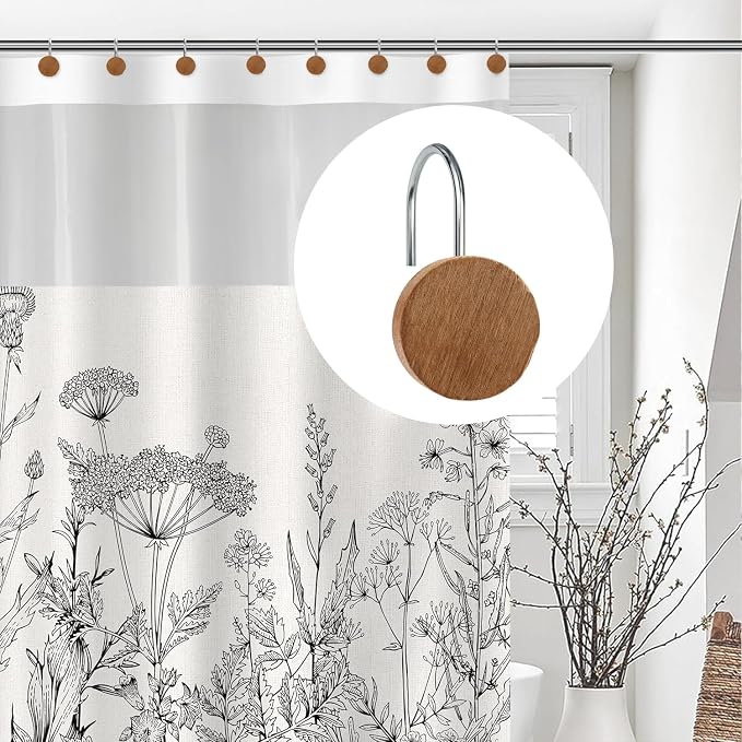 Shower Curtain Hooks, Wood Decorative Shower Curtain Rings, Modern Round Log Shower Curtain Hangers, 12PCS Shower Hooks for Shower Curtain Rod, Bedroom, Living Room (Silvery)