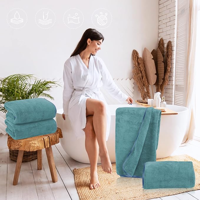 TENSTARS Silk Hemming Bath Towels for Bathroom Clearance - 27 x 55 inches - Light Thin Quick Drying - Soft Microfiber Absorbent Towel for Bath Fitness, Sports, Yoga, Travel, Gym - 2 Pack, Teal
