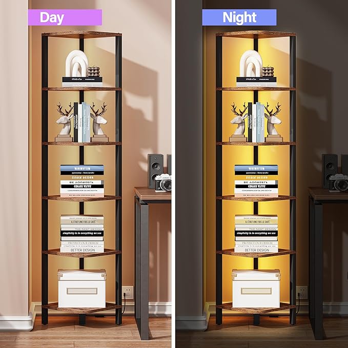 TUTOTAK Corner Shelf with LED Light, 6-Tier Corner Bookshelf | for Small Space, Narrow Display Corner Shelf Stand with Storage Rack, for Living Room, Bedroom, Rustic Brown BS08BB006L