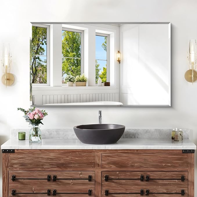 KOCUUY Beveled Mirror, 24x40 Inch Frameless Bathroom Mirror for Over Sink, Upgraded Shatterproof Beveled Unframed Design Mirror for Bathroom, Bedroom, Hang Horizontal/Vertical