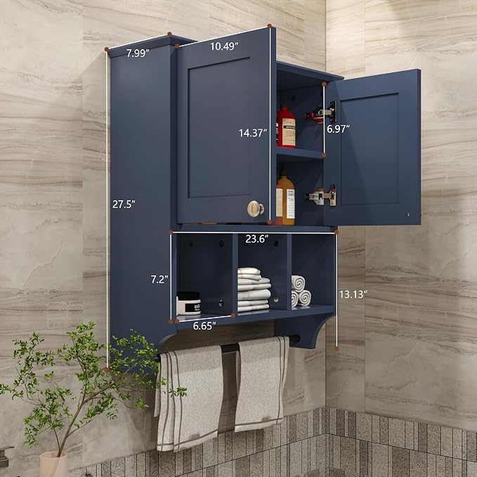 Bathroom Wall Cabinet, Wall Mounted with Towel Bar & 6 Shelves - Over Toilet Storage Organizer, 2-Door Medicine Cabinet, Adjustable Bathroom Shelves(Blue)