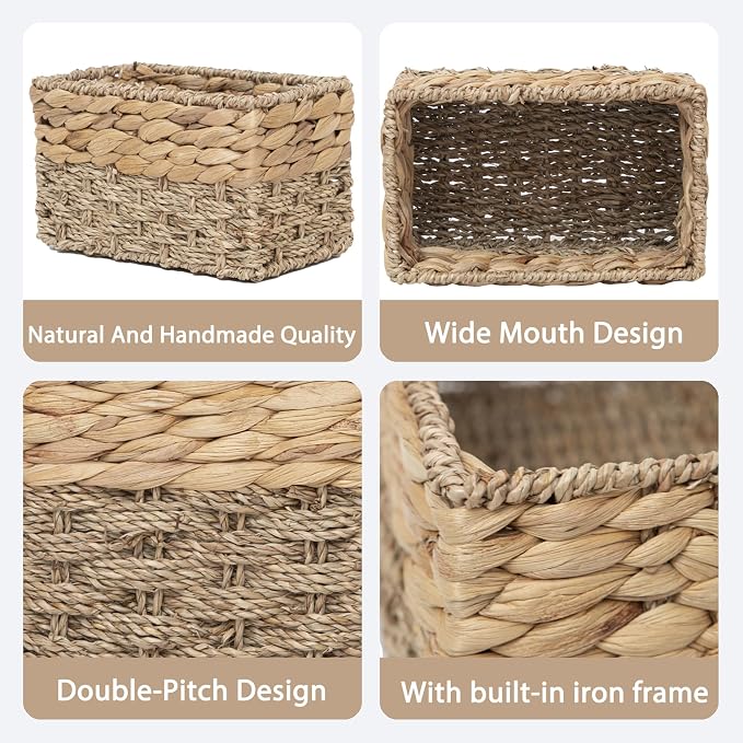 Handmade Water Hyacinth Storage Basket, Woven Basket Organizer with Inner Handles for Home & Office Decor (Small-2PCS)