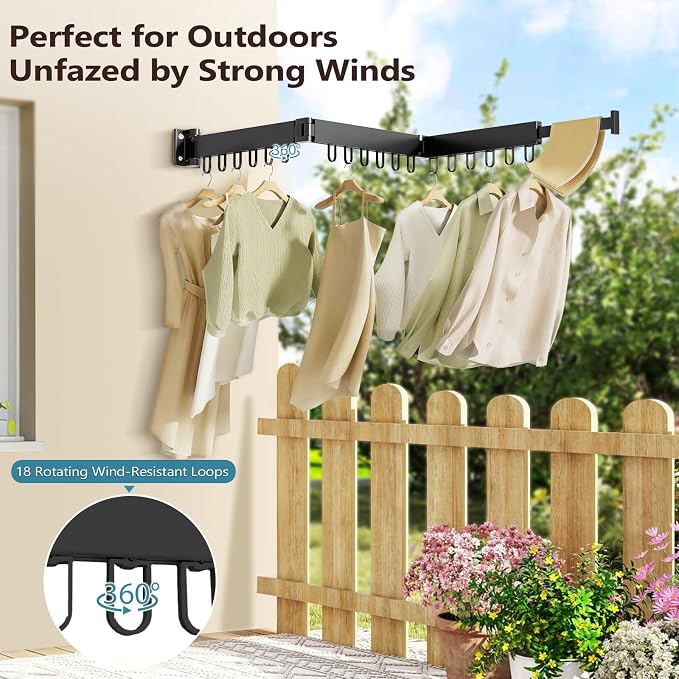 Clothes Drying Rack Wall Mounted, Space-Saving Drying Rack Clothing, Collapsible Foldable Retractable Laundry Rack with 18 Hooks, Indoor/Outdoor, Black