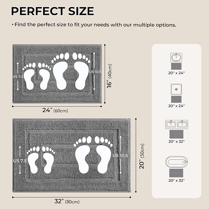 GRANNY SAYS Grey Bathroom Rugs Set 2 Piece, Non Slip Microfiber Bath Mats | Soft microfiber with TPR backing, fast water absorption, machine washable 2 piece bath rug set for Tub, Shower, Toilet
