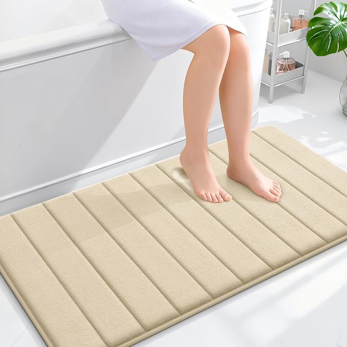 OLANLY Memory Foam Long Bathroom Rugs Runner 44x24, Super Soft Absorbent | Beige, Quick Dry Bath Mat, Machine Washable Shower Floor Rugs, Bathmat Carpet for Bathroom Floor, Tub and Shower