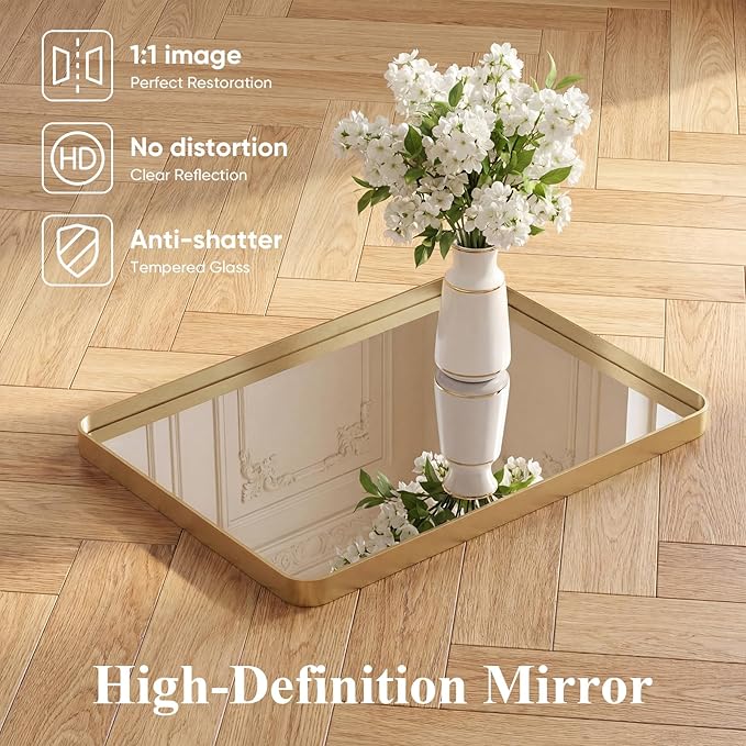 32x24 Inch Bathroom Mirror for Over Sink, Vanity Mirror | Metal Framed Rounded Rectangle,for Wall, Farmhouse, Restroom, Anti-Rust, Horizontal or Vertical Hanging, Gold