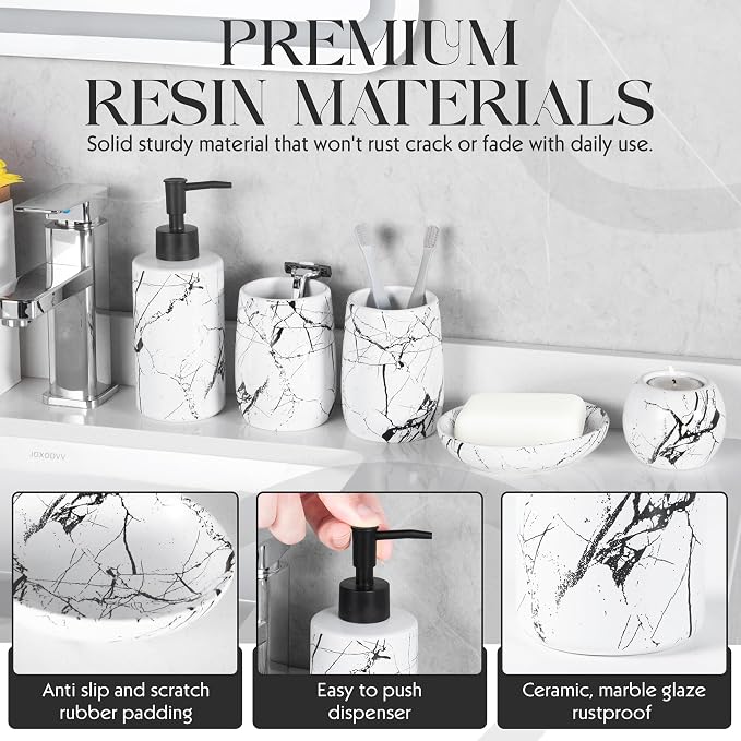 Ceramic Bathroom Accessory Set, 5-Piece Bathroom Accessory Set, Soap Dish, Toothbrush Holder, Soap Dispenser, Bathroom Tumbler & Candle Holder - Modern Bathroom Organizer, (White & Black)
